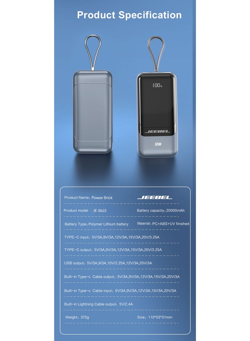 Jeebel 20000mAh Power Bank 65W Fast Charging with Built-in Cables & Digital Display – Laptop Compatible - Image 3